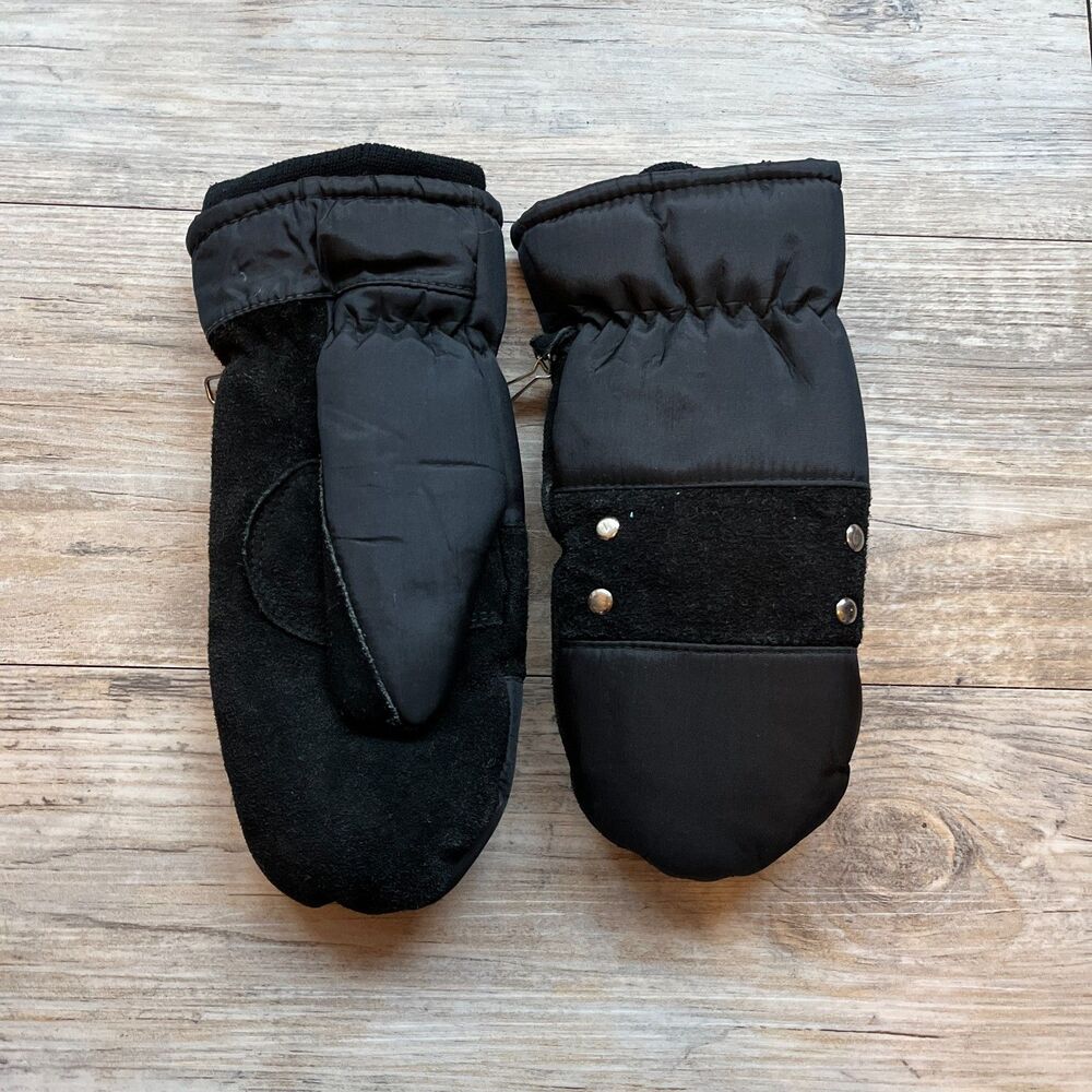 Down Filled Skiing Gloves Boys Large Black Suede Leather Warm Mittens Grommet